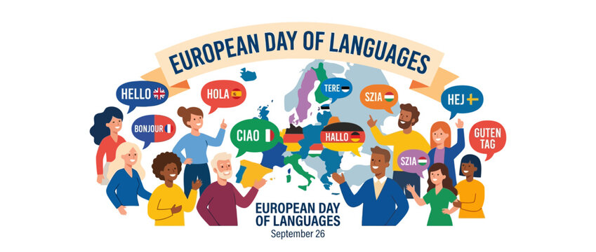 Diverse People Celebrate European Languages with Greetings