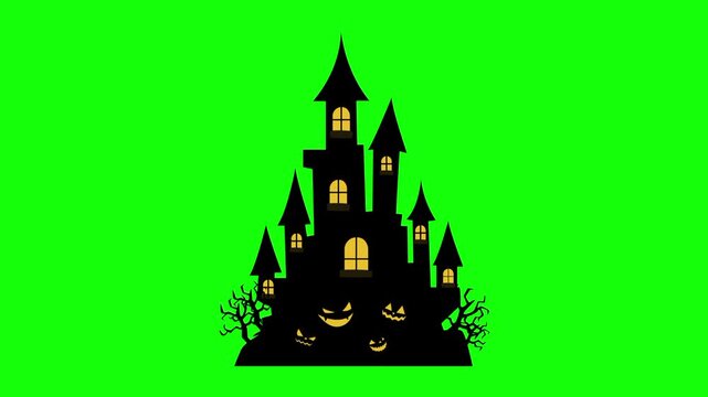 Halloween haunted castle, trick or treat icon sign, isolated on green screen. Vector cartoon animation. Advertisement, illustration idea, party and celebration symbol. Element for video