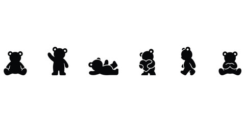 Collection of six cute teddy bear silhouettes in different poses for children toys and nursery decor isolated on white background