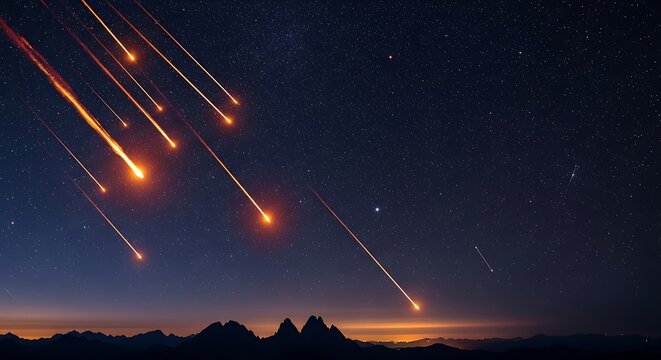 Stunning meteor shower streaking across a starry night sky above dark mountain silhouettes. Perfect for astronomy and.