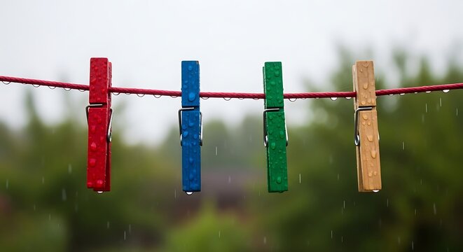 Four colorful clothespins hanging on a wet laundry line in the rain. Weather concept for rainy day.