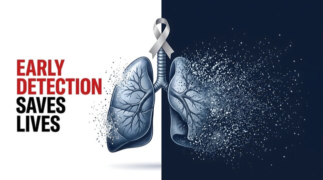 Conceptual illustration of human lungs with a cancer awareness ribbon promoting the importance of early detection saves lives