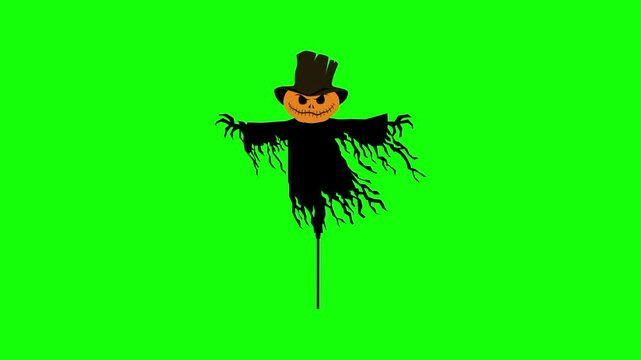 Halloween creepy scarecrow, trick or treat icon sign, isolated on green screen. Vector cartoon animation. Advertisement, illustration idea, party and celebration symbol. Element for video.