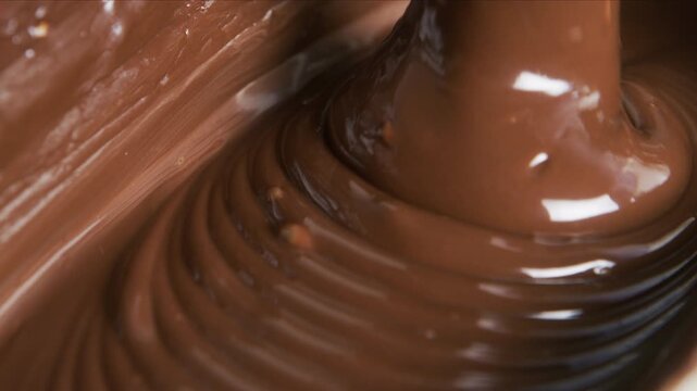 Melted chocolate pouring in a candy factory