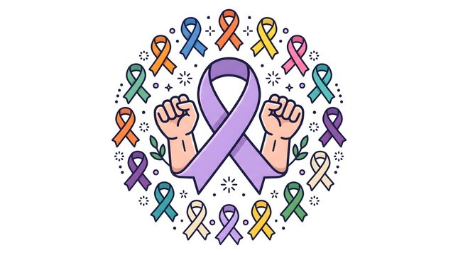 A circular illustration featuring a large purple awareness ribbon surrounded by many colorful ribbons and two raised fists