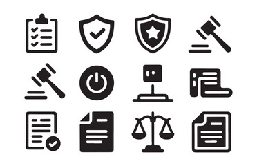 Fototapeta premium Justice and law flat icon collection featuring gavel scales document shield check and search symbols.