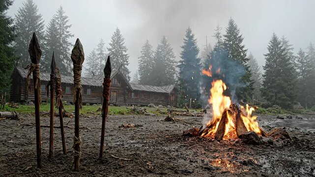 Ancient tribal village with campfire and spears in misty forest