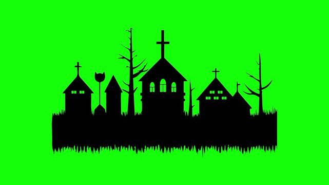Halloween graveyard silhouette, trick or treat icon sign, isolated on green screen. Vector cartoon animation. Advertisement, illustration idea, party and celebration symbol. Element for video.