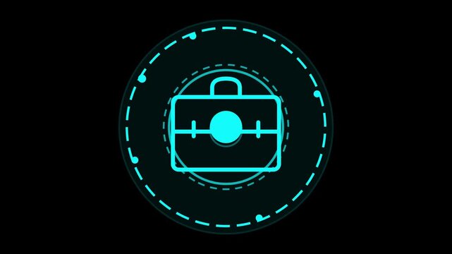 Futuristic cyan HUD briefcase icon glowing digital business technology symbol abstract cyber interface vector graphic