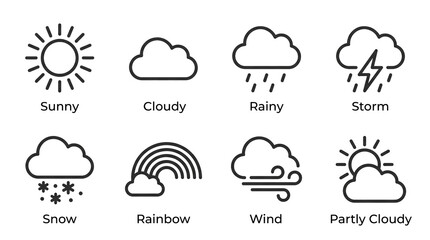 Fototapeta premium Detailed black and white weather icons set with various conditions illustrated.