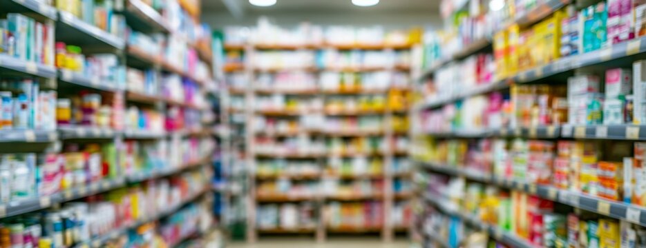 Blurred view of pharmacy shelves stocked with various medicines  
