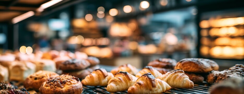 Assorted pastries displayed on wooden counter in bakery shop  