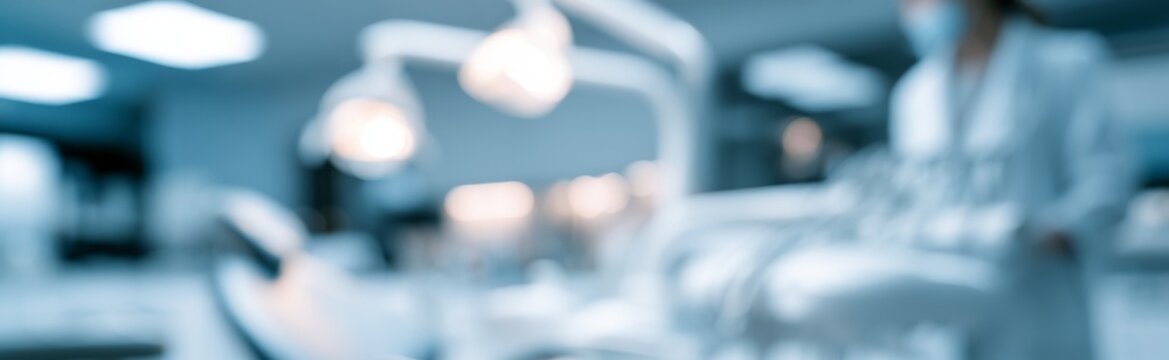 Doctor working in a dental office with instruments and equipment, blurred background