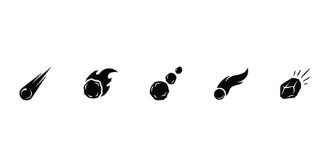 Set of five meteorite and asteroid silhouettes featuring flaming trails and impact effects for space and astronomy themed © MOKBUL