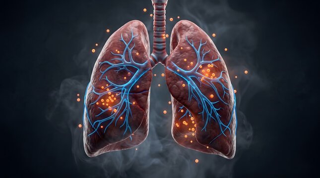 Anatomical illustration of human lungs featuring glowing bronchial tubes and internal structures for medical education and scientific research purposes