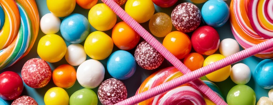 Colorful candies and lollipops arranged on a surface in a candy shop  