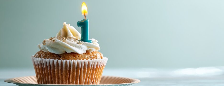 Celebratory cupcake with one candle on a pastel background  