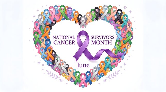 A heart shape composed of various colorful awareness ribbons celebrating national cancer survivors month in the month of june