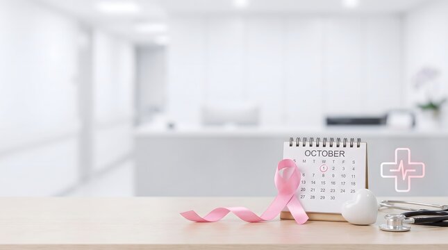 Pink ribbon and calendar on a table representing breast cancer awareness month in a bright medical clinic setting