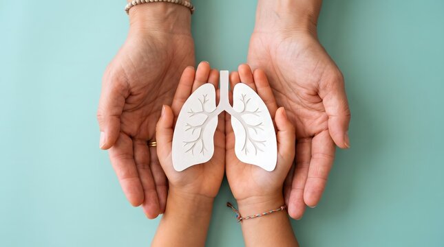 Adult and child hands holding a small white paper cutout of human lungs representing respiratory health awareness