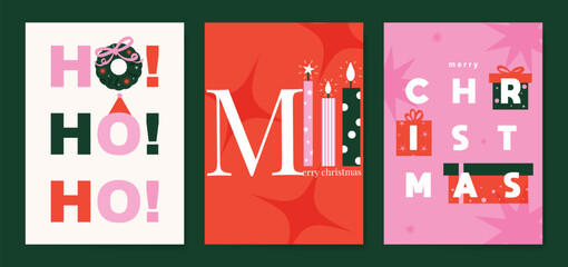 Obraz premium Christmas and Happy holiday greeting card vector set. Elegant hand drawn wallpaper with pine leaves, pinecone, wreath. Holidays design illustration for cover, print, poster, Happy New Year, ads.