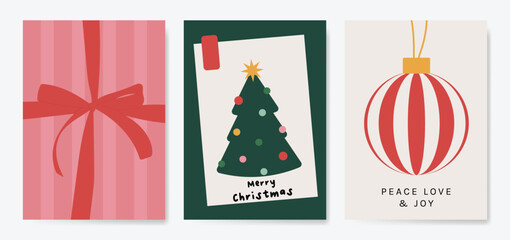 Obraz premium Christmas and Happy holiday greeting card vector set. Elegant hand drawn wallpaper with pine leaves, pinecone, wreath. Holidays design illustration for cover, print, poster, Happy New Year, ads.