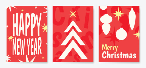 Obraz premium Christmas and Happy holiday greeting card vector set. Elegant hand drawn wallpaper with pine leaves, pinecone, wreath. Holidays design illustration for cover, print, poster, Happy New Year, ads.
