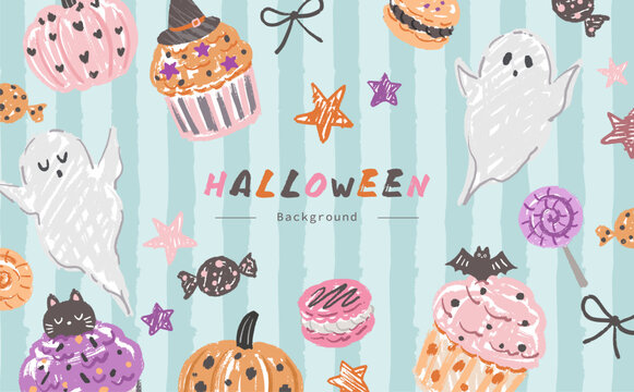 Cute doodle-style Halloween background with cupcakes, candies, ghosts, and pumpkins for banners, web design, and packaging