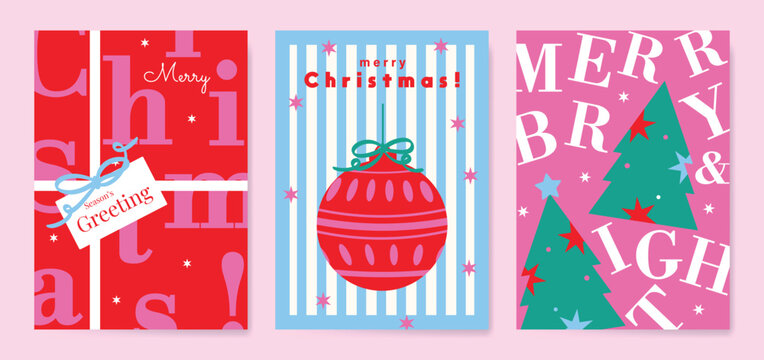 Christmas and Happy holiday greeting card vector set. Elegant hand drawn wallpaper with pine leaves, pinecone, wreath. Holidays design illustration for cover, print, poster, Happy New Year, ads.