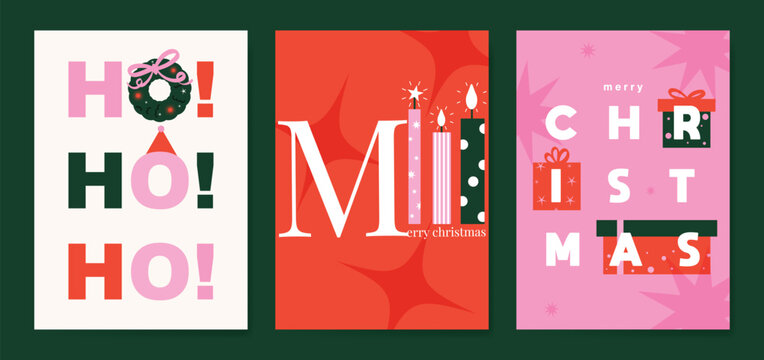 Christmas and Happy holiday greeting card vector set. Elegant hand drawn wallpaper with pine leaves, pinecone, wreath. Holidays design illustration for cover, print, poster, Happy New Year, ads.
