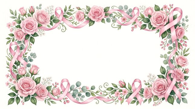 Beautiful rectangular frame made of pink roses and green leaves with a white copy space in the center