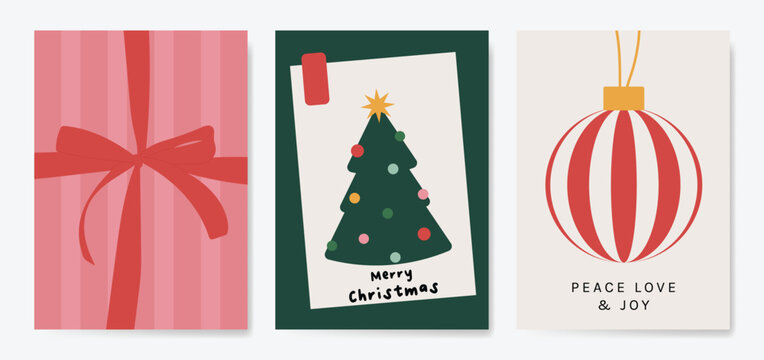Christmas and Happy holiday greeting card vector set. Elegant hand drawn wallpaper with pine leaves, pinecone, wreath. Holidays design illustration for cover, print, poster, Happy New Year, ads.