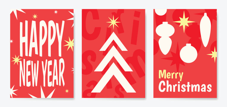 Christmas and Happy holiday greeting card vector set. Elegant hand drawn wallpaper with pine leaves, pinecone, wreath. Holidays design illustration for cover, print, poster, Happy New Year, ads.