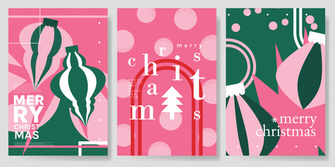 Obraz premium Christmas and Happy holiday greeting card vector set. Elegant hand drawn wallpaper with pine leaves, pinecone, wreath. Holidays design illustration for cover, print, poster, Happy New Year, ads.