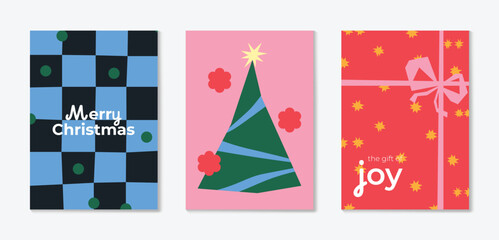 Naklejka na ściany i meble Christmas and Happy holiday greeting card vector set. Elegant hand drawn wallpaper with pine leaves, pinecone, wreath. Holidays design illustration for cover, print, poster, Happy New Year, ads.