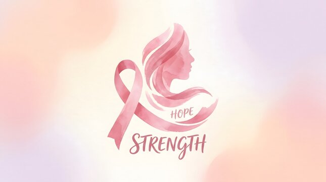 Watercolor illustration of a woman profile silhouette with pink breast cancer awareness ribbon and the word strength written below