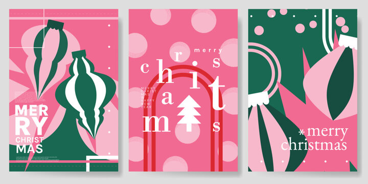 Christmas and Happy holiday greeting card vector set. Elegant hand drawn wallpaper with pine leaves, pinecone, wreath. Holidays design illustration for cover, print, poster, Happy New Year, ads.