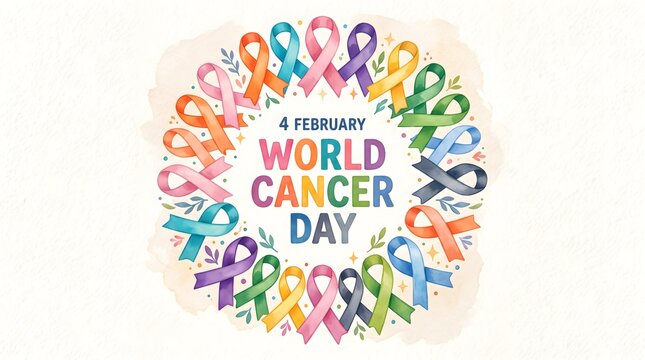 Watercolor illustration of colorful awareness ribbons arranged in a circle for world cancer day health awareness campaign