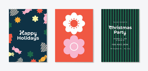 Obraz premium Christmas and Happy holiday greeting card vector set. Elegant hand drawn wallpaper with pine leaves, pinecone, wreath. Holidays design illustration for cover, print, poster, Happy New Year, ads.
