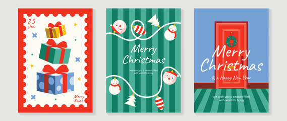 Obraz premium Christmas and Happy holiday greeting card vector set. Elegant hand drawn wallpaper with pine leaves, pinecone, wreath. Holidays design illustration for cover, print, poster, Happy New Year, ads.
