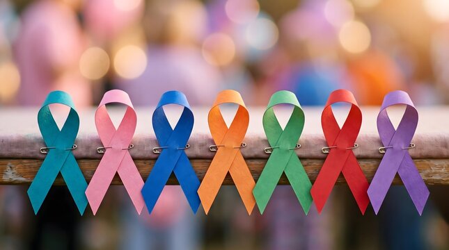 A row of colorful awareness ribbons representing various health causes and support for medical conditions on a wooden background