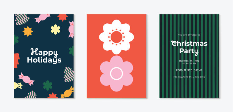 Christmas and Happy holiday greeting card vector set. Elegant hand drawn wallpaper with pine leaves, pinecone, wreath. Holidays design illustration for cover, print, poster, Happy New Year, ads.