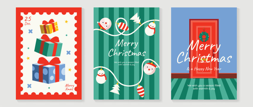 Christmas and Happy holiday greeting card vector set. Elegant hand drawn wallpaper with pine leaves, pinecone, wreath. Holidays design illustration for cover, print, poster, Happy New Year, ads.