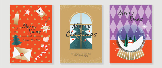 Obraz premium Christmas and Happy holiday greeting card vector set. Elegant hand drawn wallpaper with pine leaves, pinecone, wreath. Holidays design illustration for cover, print, poster, Happy New Year, ads.