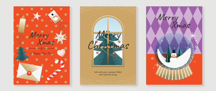 Christmas and Happy holiday greeting card vector set. Elegant hand drawn wallpaper with pine leaves, pinecone, wreath. Holidays design illustration for cover, print, poster, Happy New Year, ads.