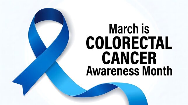 Blue awareness ribbon representing march as colorectal cancer awareness month with bold text on a white background