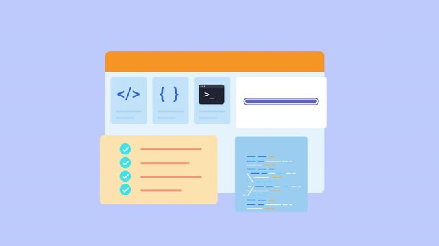 Flat vector animated software development dashboard featuring code editor, terminal, programming interface, and workflow management. Ideal for coding, technology, and business motion graphics.