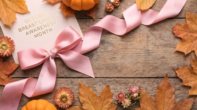 Top view of a blank greeting card decorated with pink ribbon and autumn leaves on a rustic wooden background