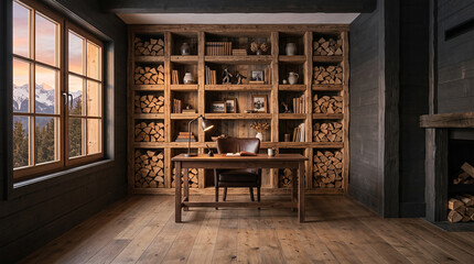 Obraz premium Alpine chalet study with firewood shelves and mountain window view