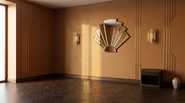 Elegant art deco room with fan mirror and golden trim